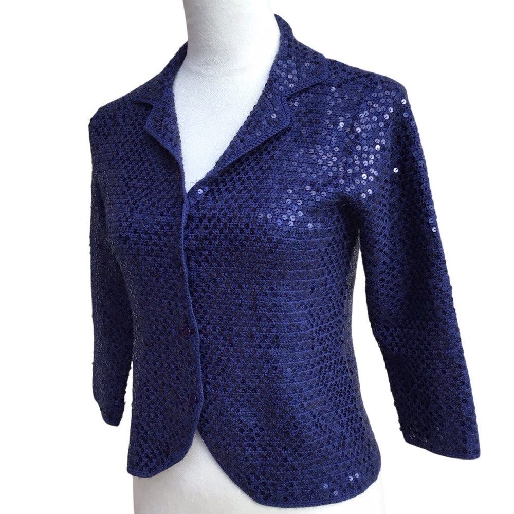 Talbots Petites Navy Blue Silk Blend Hand knit Button Up Sweater Size P
